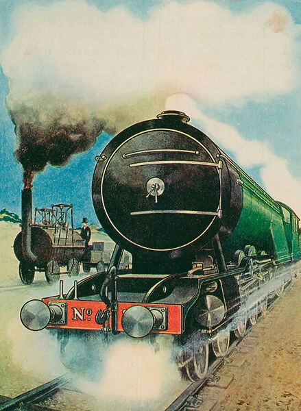 'Locomotion, '1825, and a 'Pacific'Locomotive of To-day (colour litho)