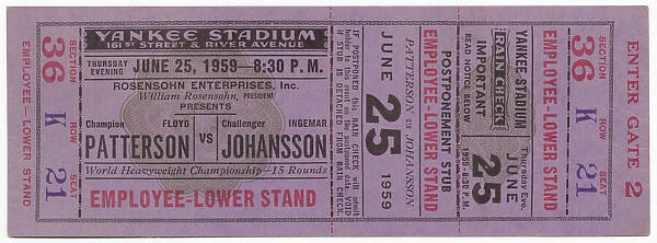 Ticket to a boxing match between Floyd Patterson and Ingemar Johansson, June 25, 1959