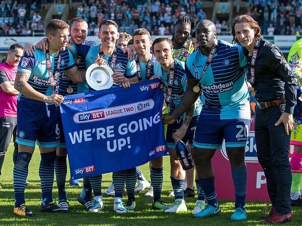Celebrating Promotion: Wycombe Wanderers and Stevenage Players, Gareth Ainsworth - Sky Bet League 2 Championship Win 2017 / 18