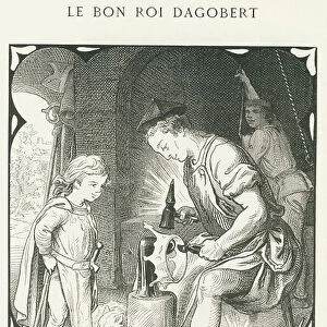 A blacksmith shapes a crown for the young King Dagobert, 1880 (engraving)