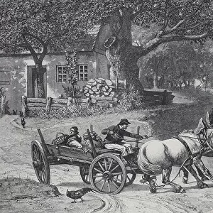 Carriage horses shy away from a toy dragon, 1886, History, digital reproduction of an original 19th-century painting
