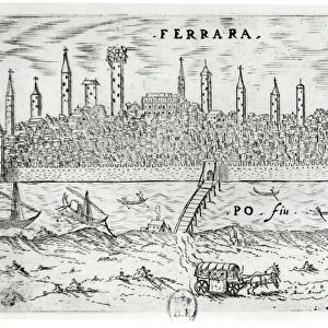 Panoramic view of Ferrara from the opposite bank of the River Po (engraving) (b / w photo)