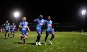 Adebayo Akinfenwa and Fred Onyedinma celebrate